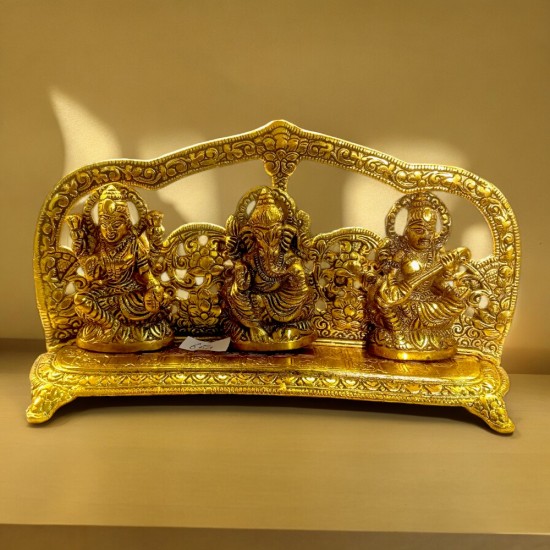 RoyalStuffs Aluminum Golden Laxmi Ganesh Saraswati Idol with Frame