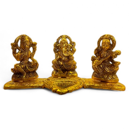 ROYALSTUFFS Laxmi Ganesha Saraswati with Diya for Pooja Gold Color Plated Decorative Showpiece