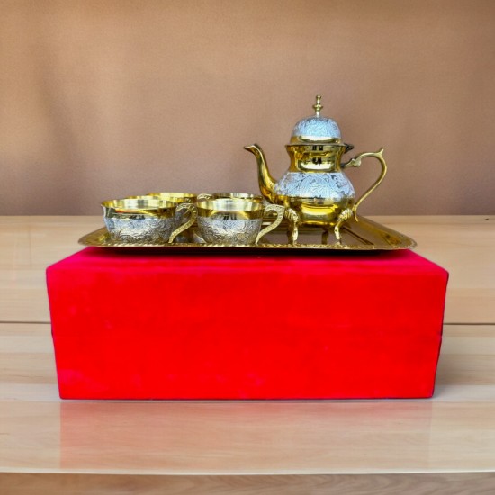 ROYALSTUFFS Brass Gold & Silver Tea Set with Red Velvet Box