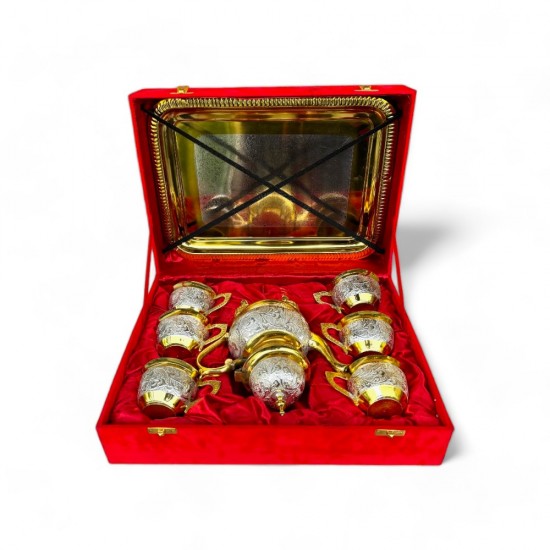 ROYALSTUFFS Brass Gold & Silver Tea Set with Red Velvet Box