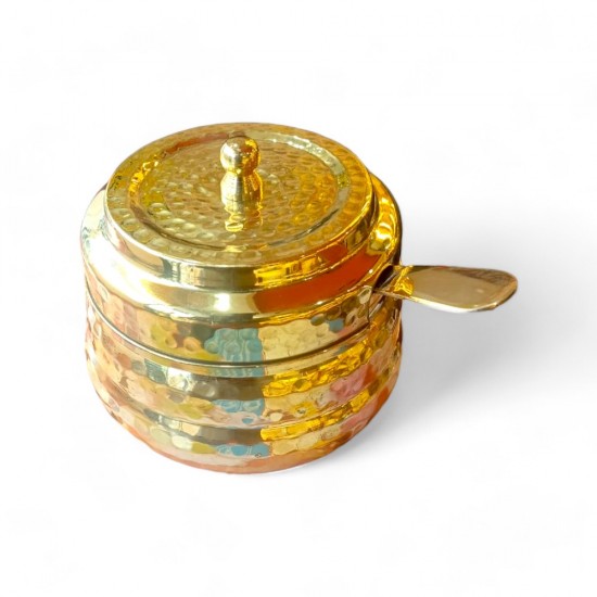  GOLDEN ANTIQUE BRASS HAMMERED GHEE & OIL POT/PICKLE POT, MULTIPURPOSE CONTAINER WITH INSIDE KALAI COATING 250 ML WITH LID AND SPOON