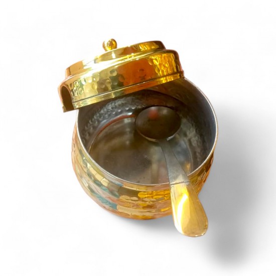  GOLDEN ANTIQUE BRASS HAMMERED GHEE & OIL POT/PICKLE POT, MULTIPURPOSE CONTAINER WITH INSIDE KALAI COATING 250 ML WITH LID AND SPOON