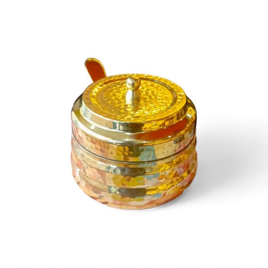  GOLDEN ANTIQUE BRASS HAMMERED GHEE & OIL POT/PICKLE POT, MULTIPURPOSE CONTAINER WITH INSIDE KALAI COATING 250 ML WITH LID AND SPOON