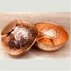 Set of 2 Embossed Leaf Design Copper Bowl (440 ml)